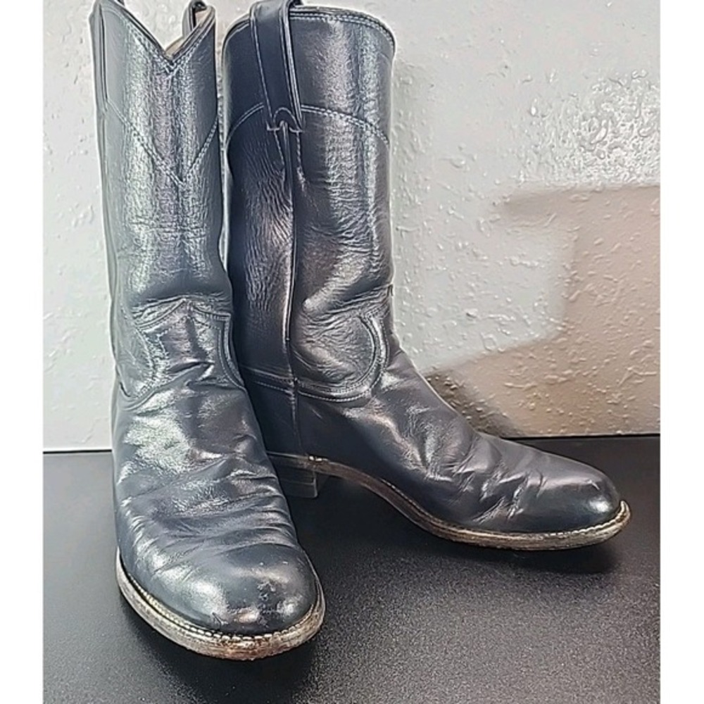 VTG Justin Boots 5.5B‎ Navy Blue Leather Cowboy Cowgirl Western Roper Rodeo  USA